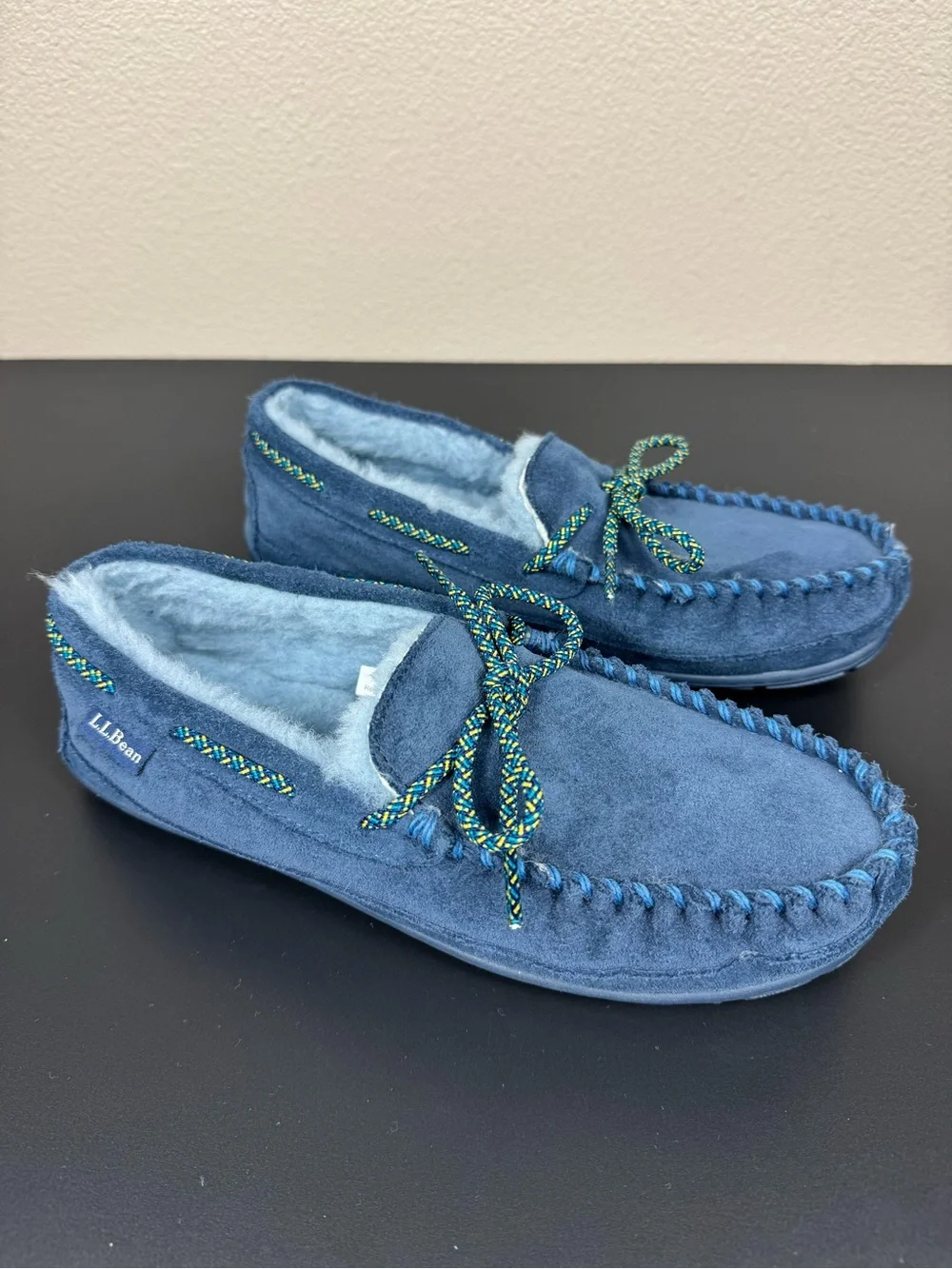 L.L.Bean Sherpa Moccasin Slippers‎ Shoes with Rubber Soles Navy EUC